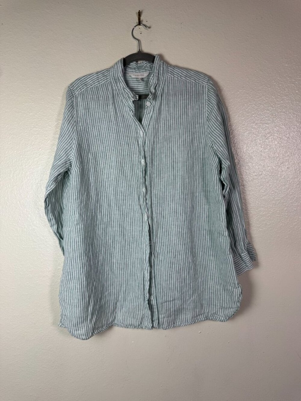 Garnet Hill Women 100% Linen Striped Button Up Shirt sz Large Petite Green White